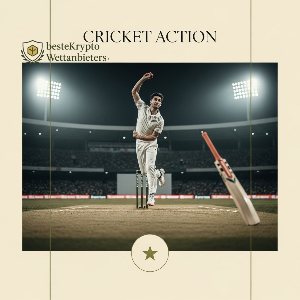 Ein Cricket-Bowler in voller Aktion in einem Stadion, der die strategische und disziplinierte Natur des südkoreanischen Teams symbolisiert.